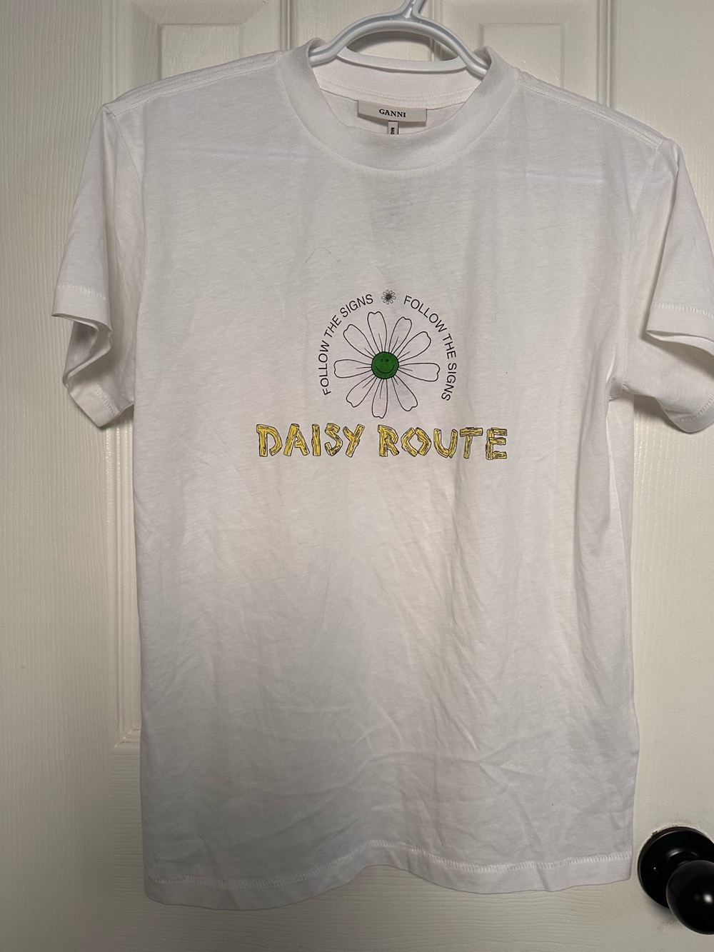 Ganni White Crewneck Graphic Tee with Black Tag Cord